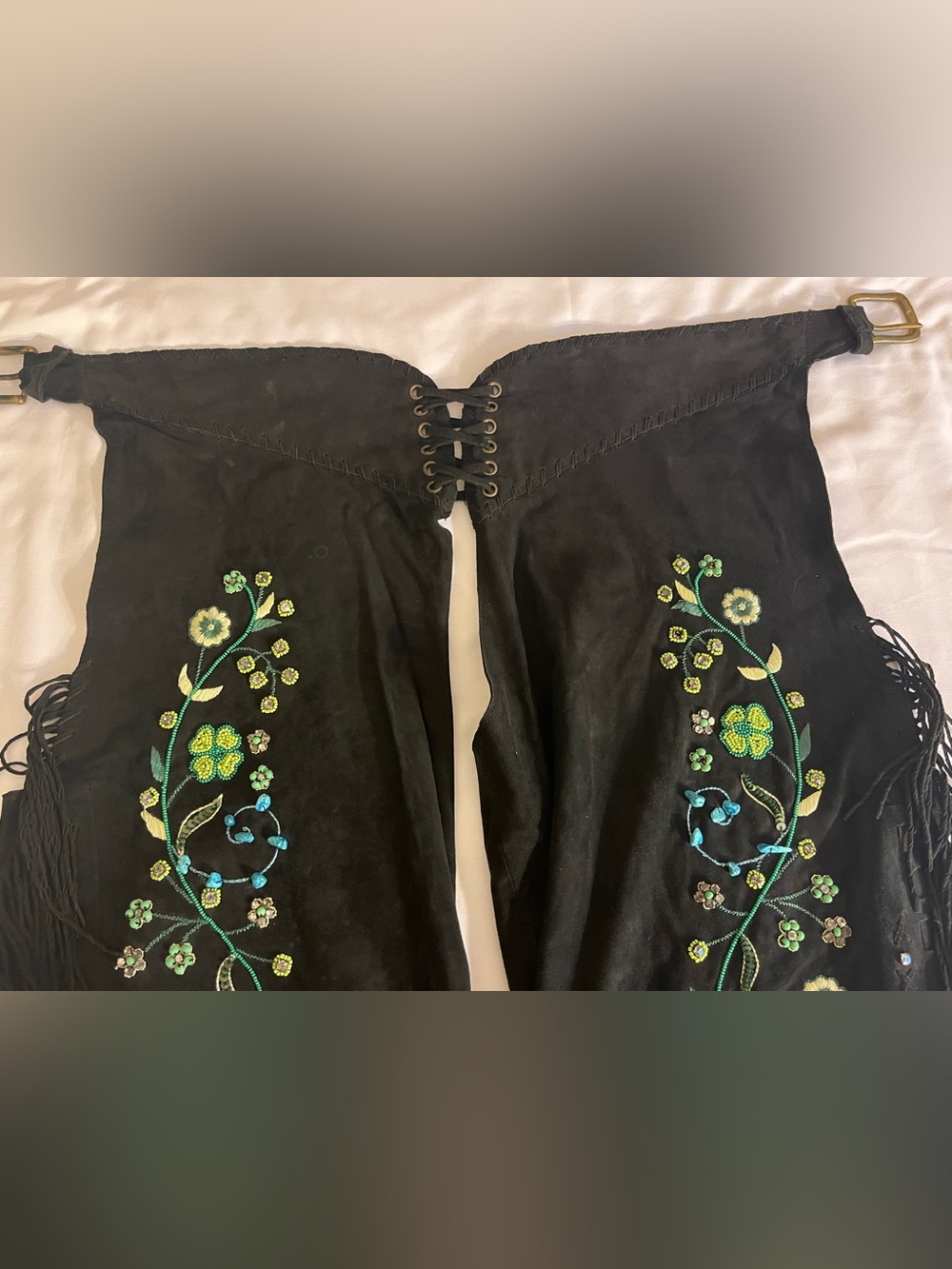 RARE Double D Leather Fringe Chaps with Intricate Beads & Sequin Floral Design - Picture 4 of 16